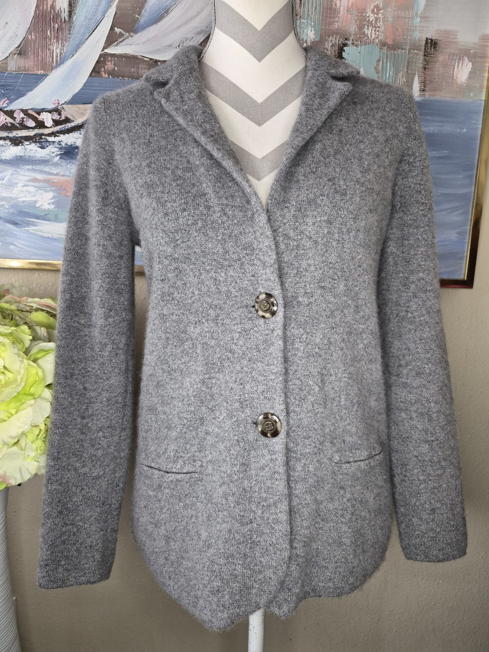 Charter Club Luxury Gray Button-Front 100% Cashmere Knit Blazer